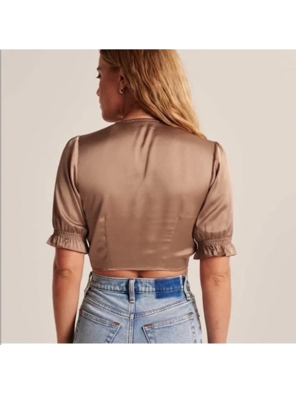 Satin Tie-Front Crop Top - Taupe - Picture 2 of 4